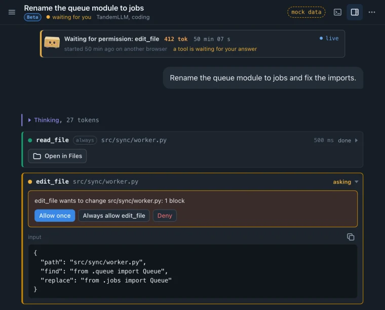 A chat waiting for permission. The model read a file, and its next tool call, an edit of that file, shows the change it wants to make with three buttons: Allow once, Always allow edit_file, and Deny.
