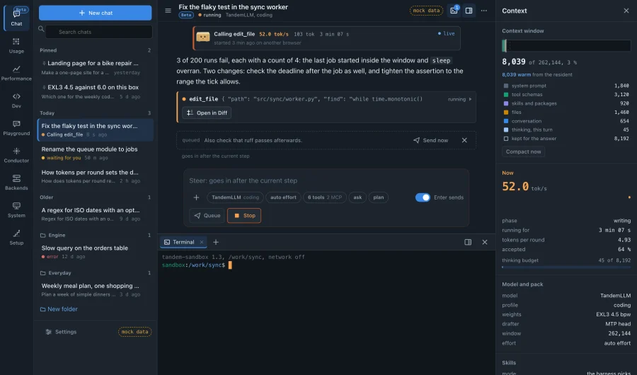 The Chat tab. On the left, the chat list with pinned chats, folders and a running chat. In the middle, a run that calls a file-editing tool, a follow-up message queued to go in after the current step, and a terminal inside the chat's sandbox with no network. On the right, the context panel: the window in use by part, the live decode rate, and which model and weights serve the chat.