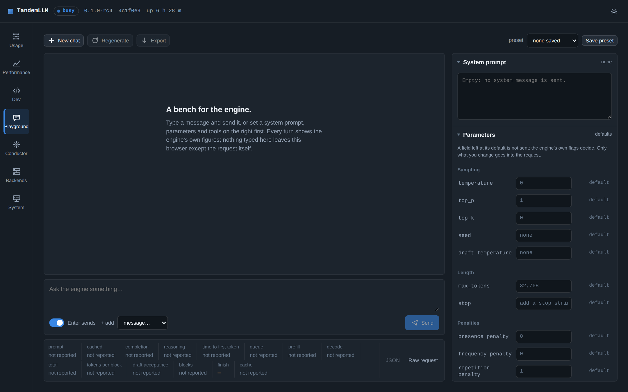 The Playground before the first message: the chat on the left, the system prompt and the sampling parameters on the right, the engine’s own figures for each turn below. Demo data from the dashboard’s mock server (npm run preview:mock), not a measurement.