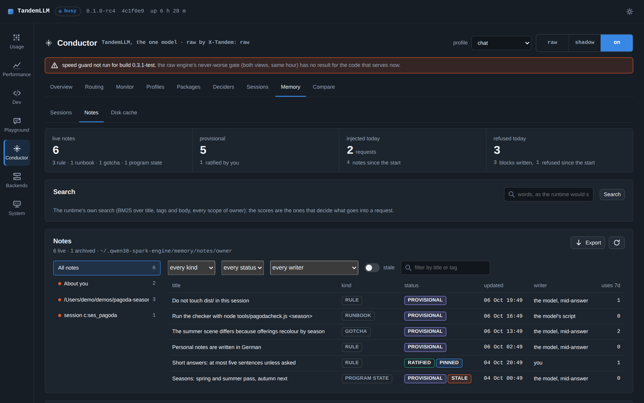 The Conductor view, Memory, the Notes tab: the live notes by scope, with kind, status, writer and use. Demo data from the dashboard’s mock server (npm run preview:mock), not a measurement.