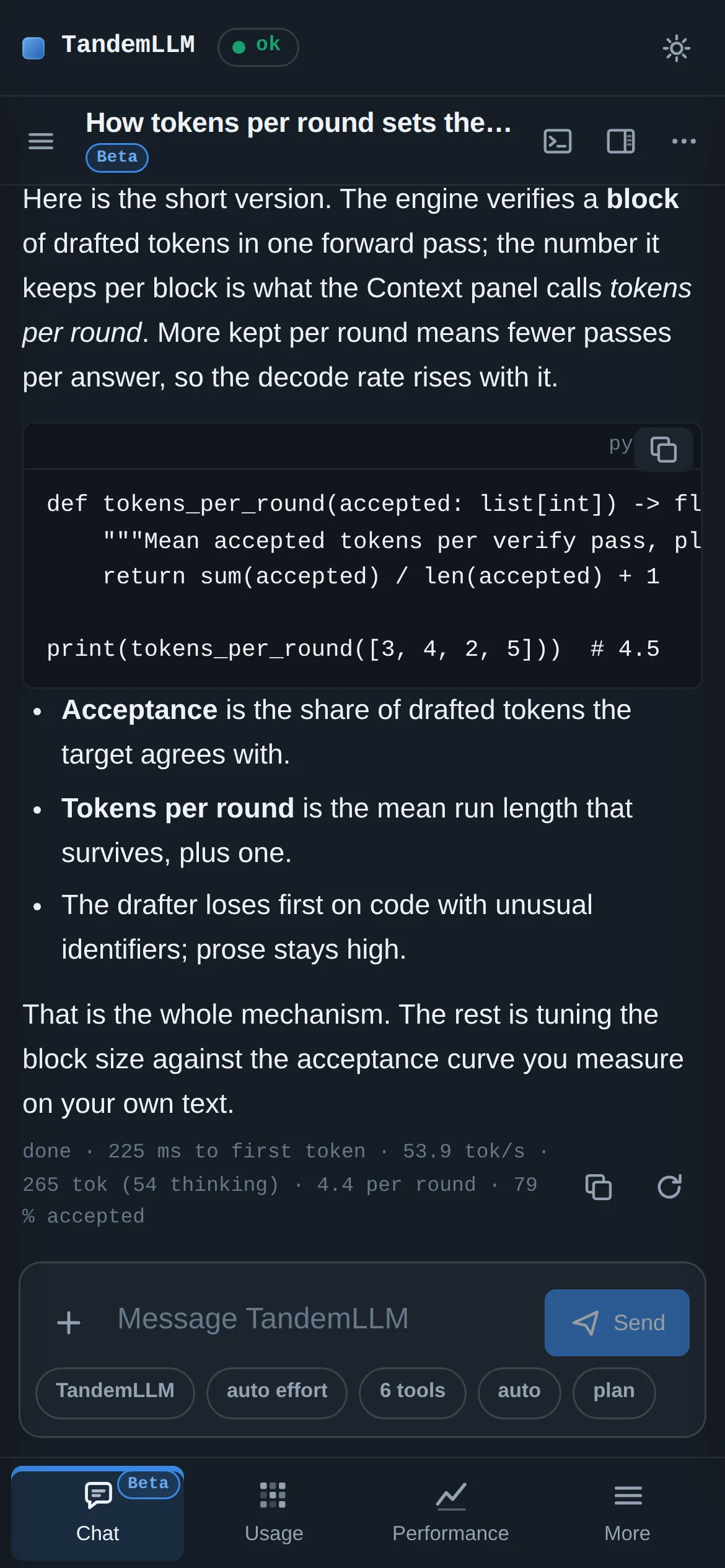 The Chat tab on a phone: an answer with code