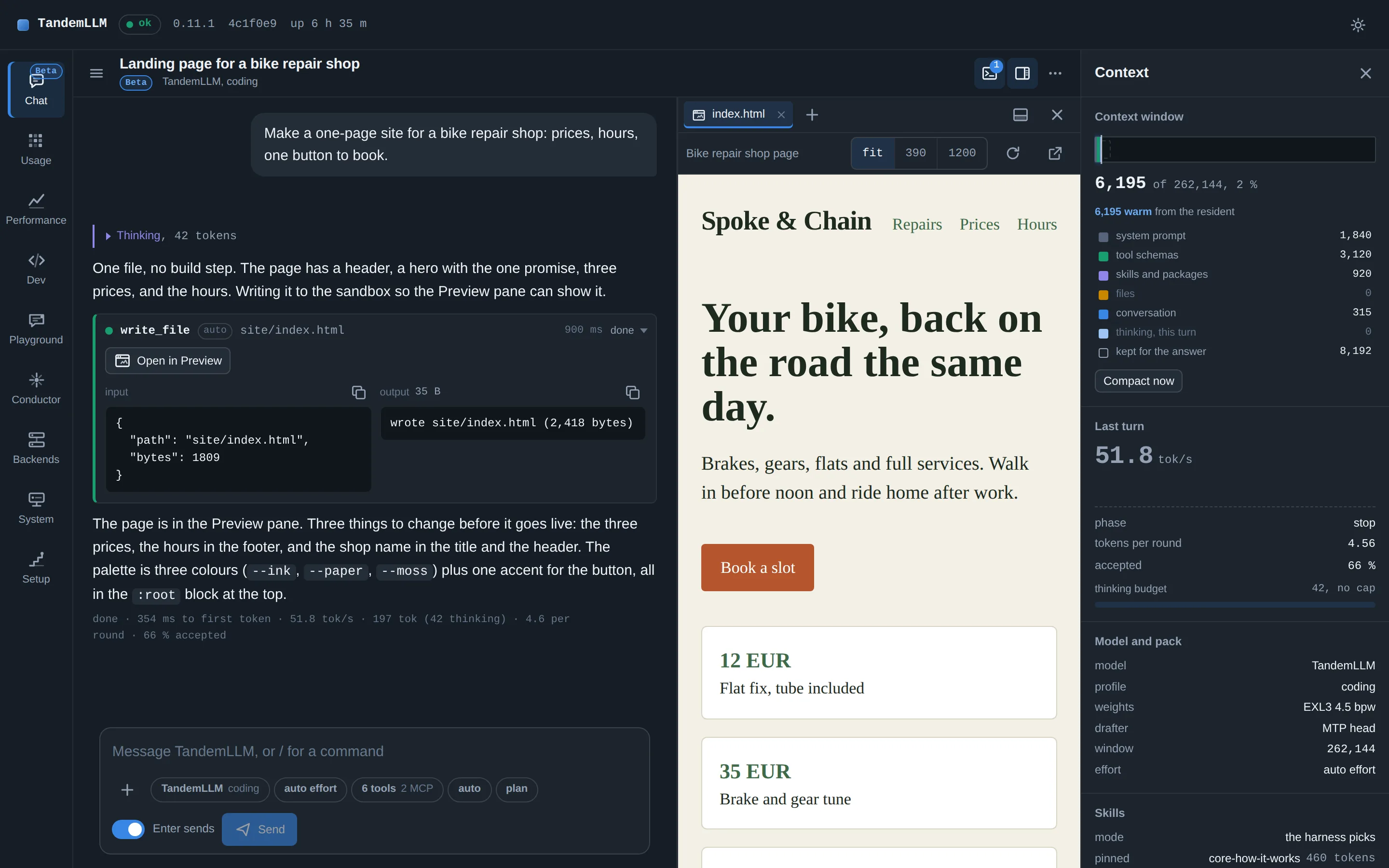 The Chat tab: a web page the model wrote in its sandbox, open in the preview pane, with the context panel