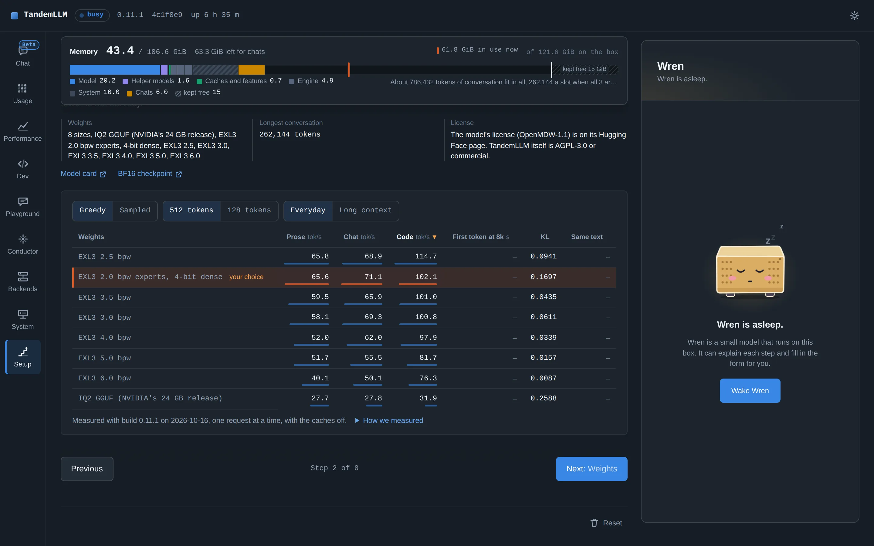 Nemotron 3.5 Bolt's speed table: tok/s and KL for each size