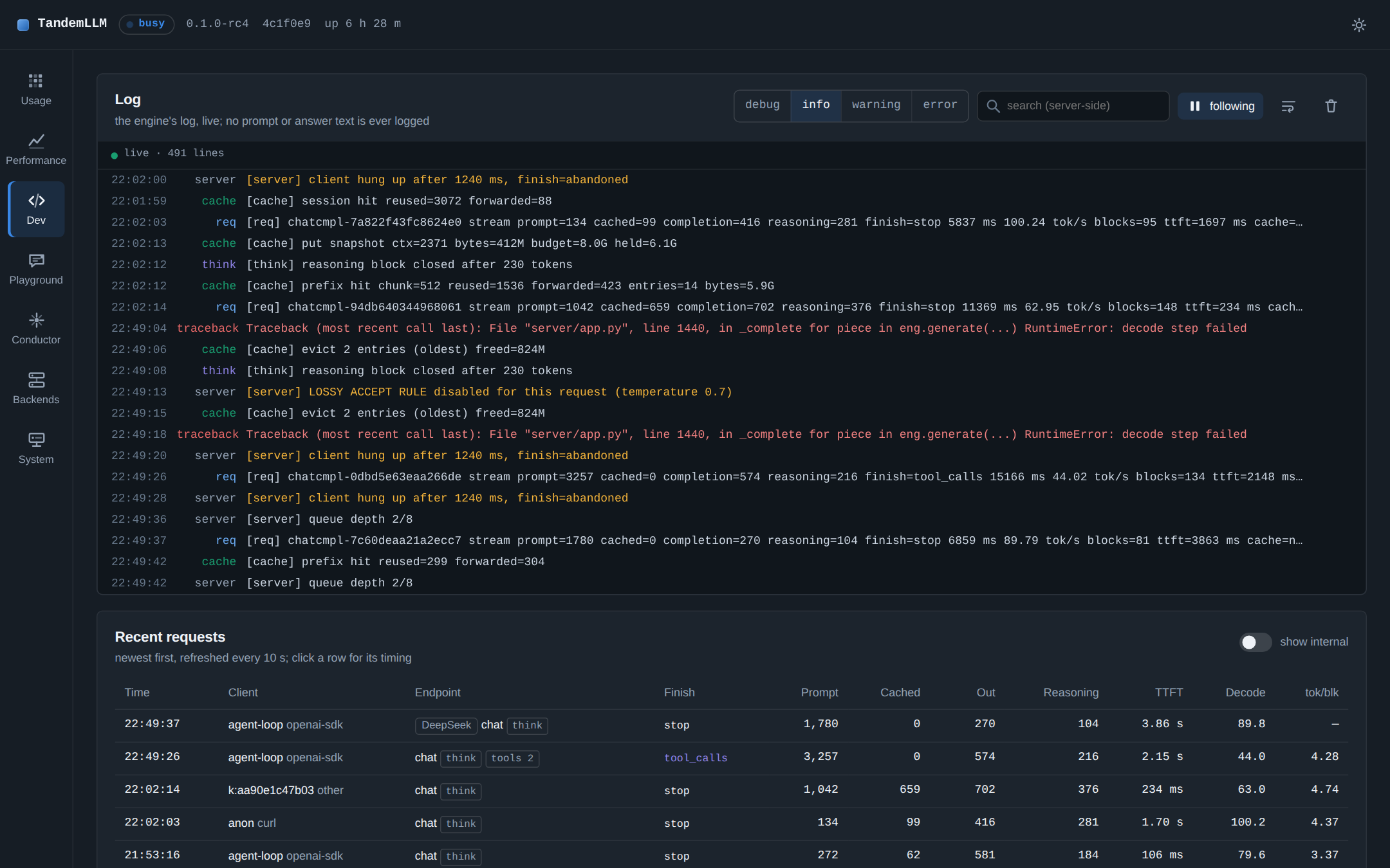 The Dev view: the live log, which never holds prompt or answer text, and the recent requests. Demo data from the dashboard’s mock server (npm run preview:mock), not a measurement.