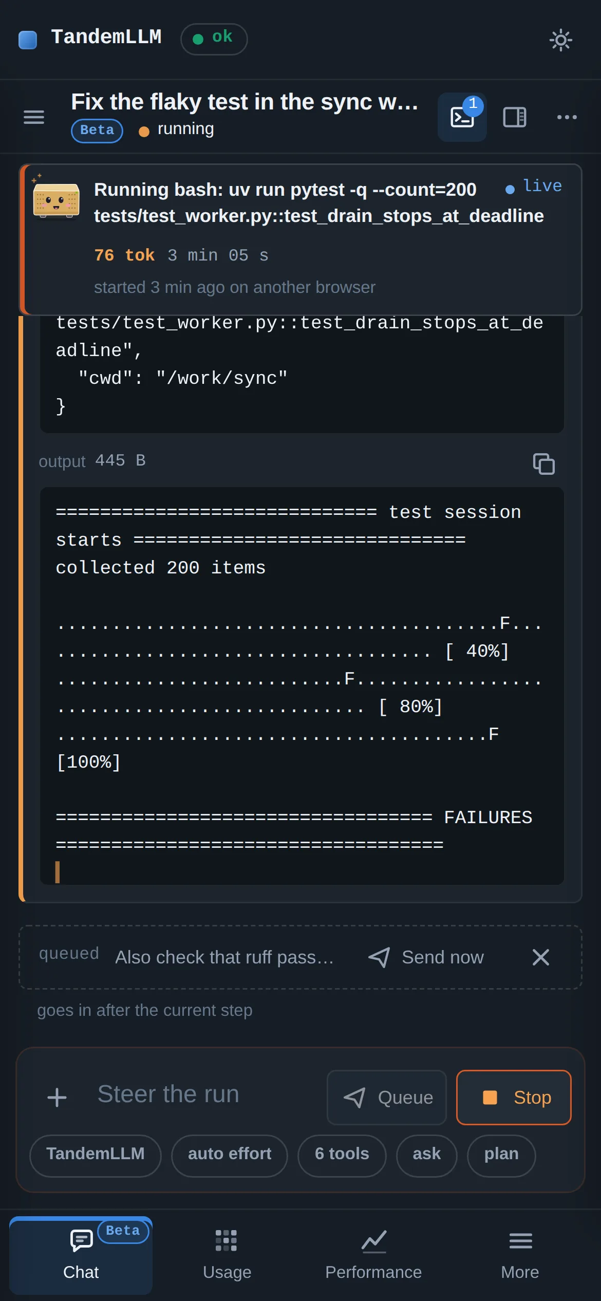 The Chat tab on a phone: a run with a tool call