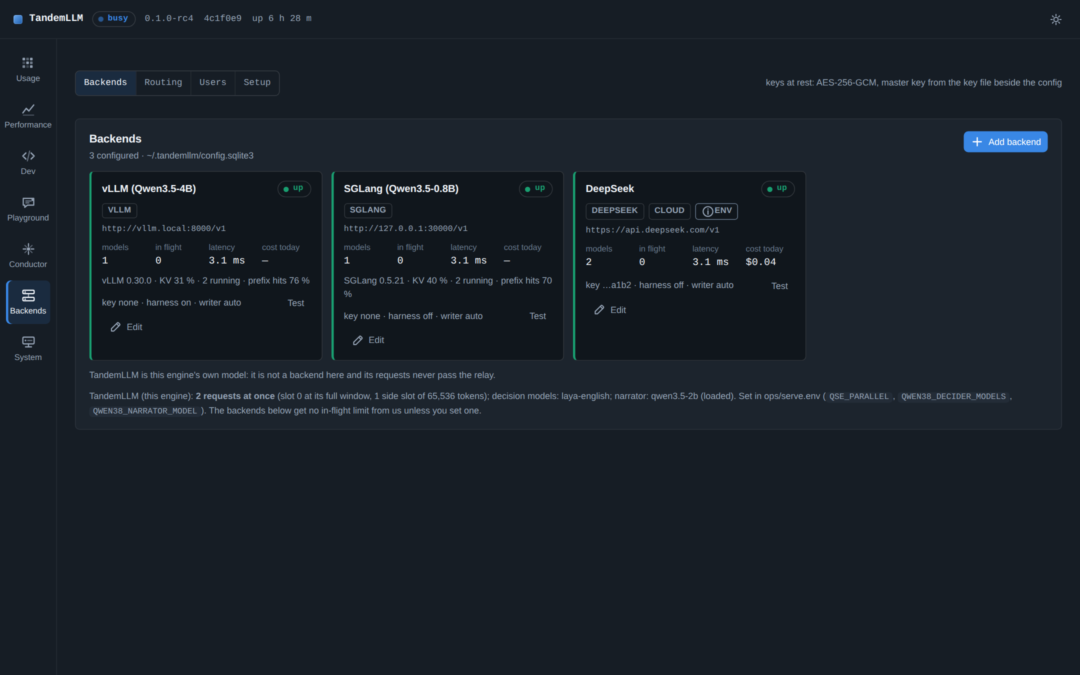 The Backends view with a vLLM, an SGLang and a DeepSeek backend, and the line for this engine’s own settings. Demo data from the dashboard’s mock server (npm run preview:mock), not a measurement.